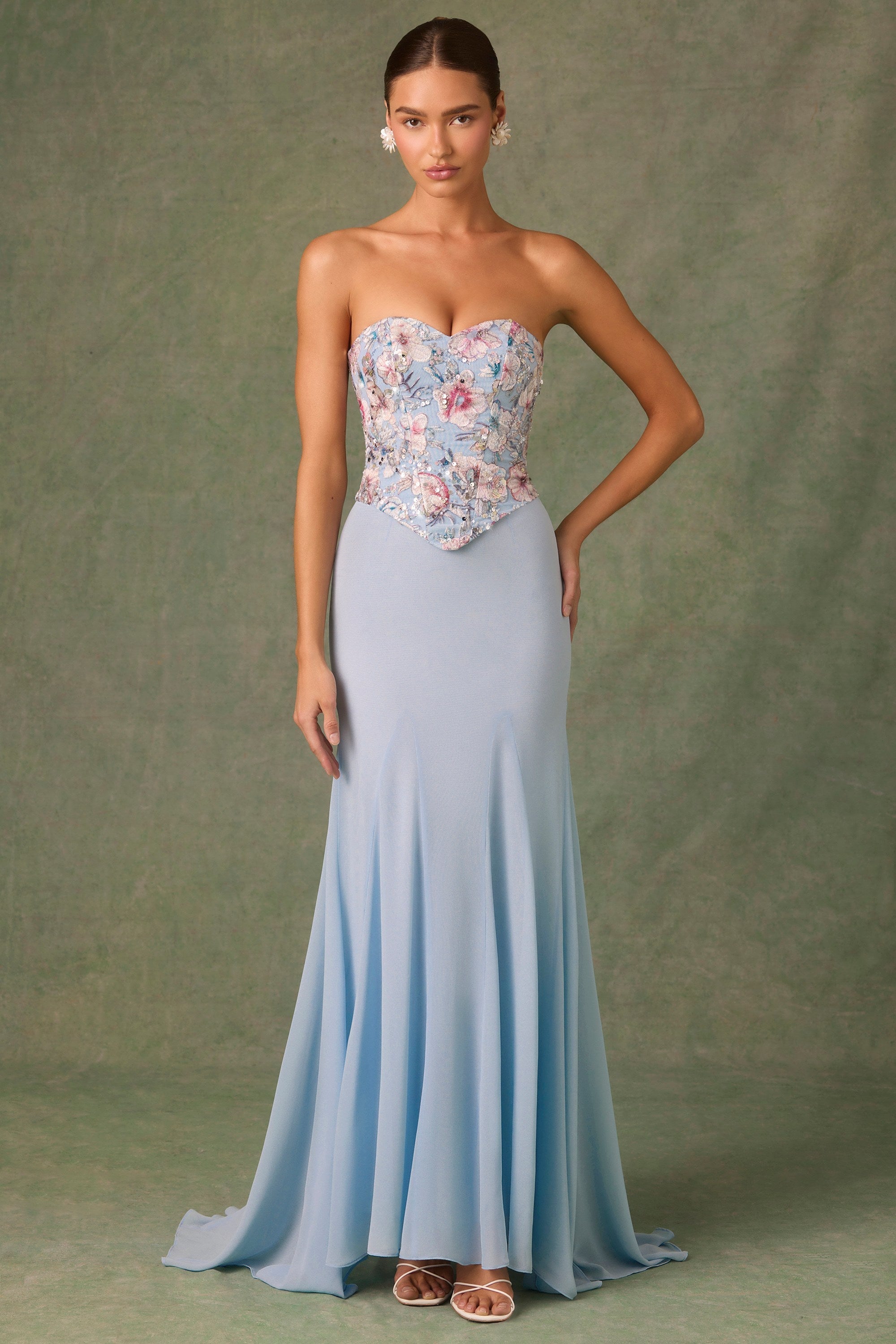 Embellished Corset Fishtail Gown in Floral Blue  Gemma Chic