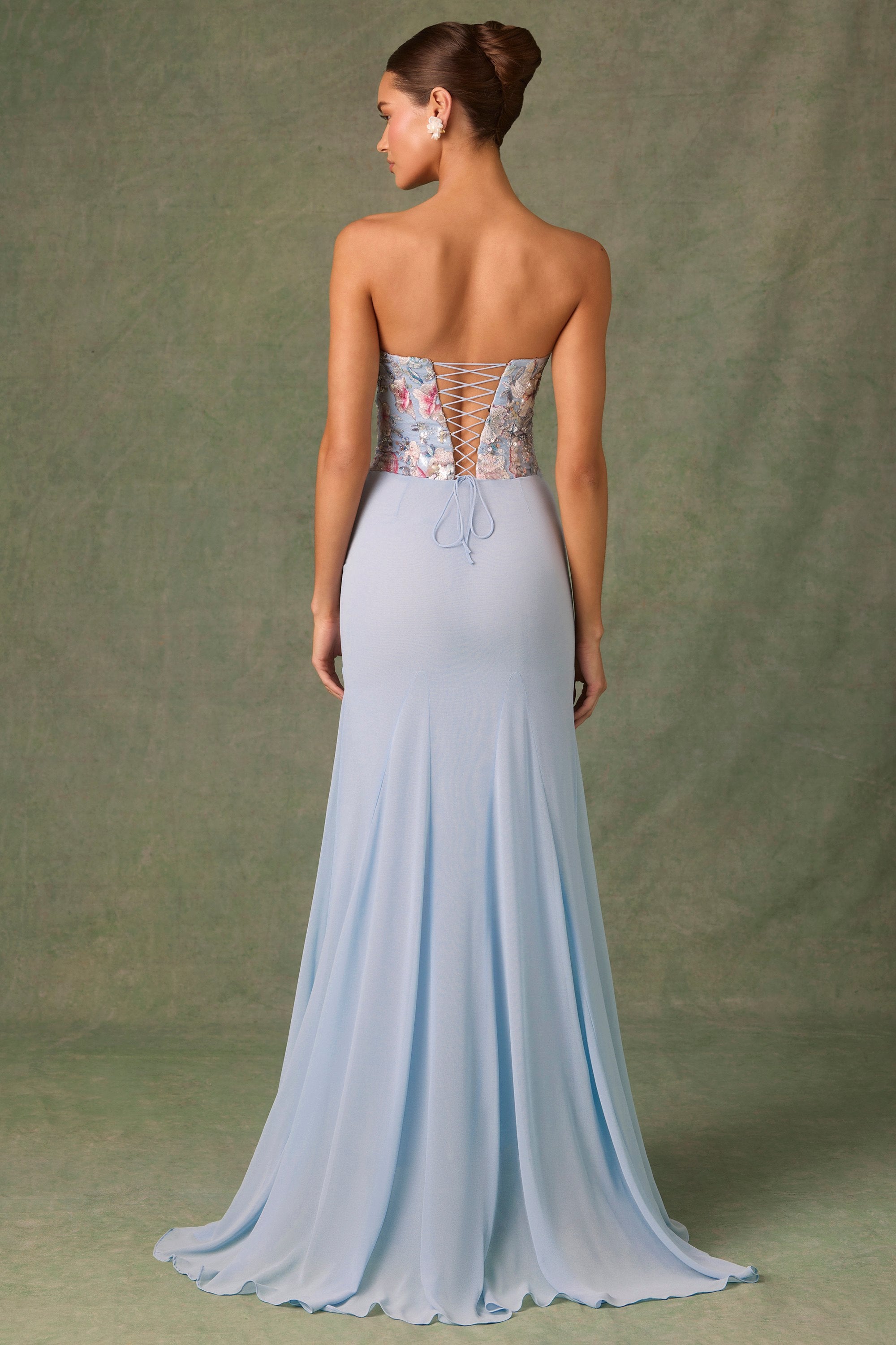 Embellished Corset Fishtail Gown in Floral Blue  Gemma Chic