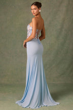 Embellished Corset Fishtail Gown in Floral Blue  Gemma Chic