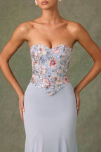 Embellished Corset Fishtail Gown in Floral Blue  Gemma Chic
