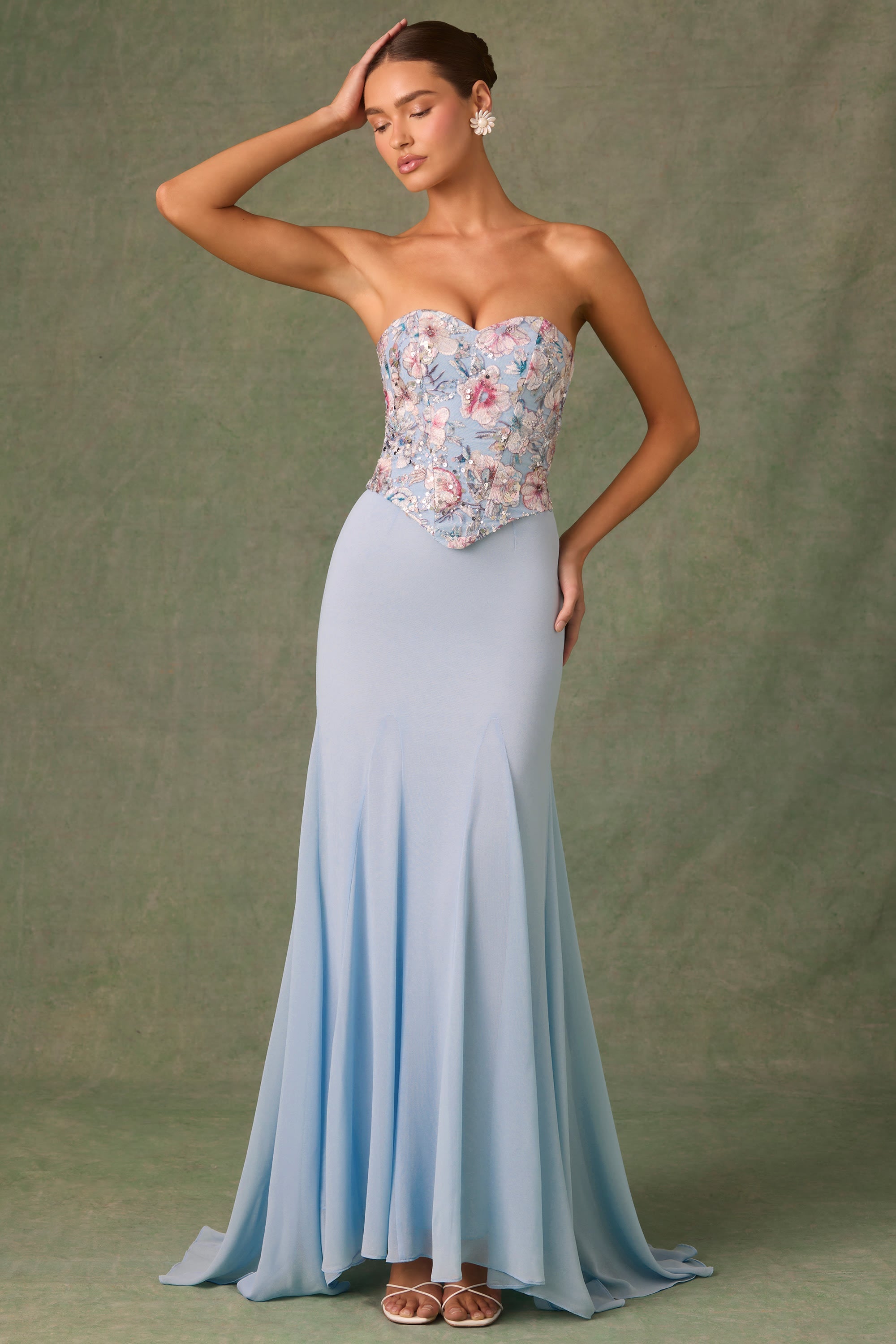 Embellished Corset Fishtail Gown in Floral Blue  Gemma Chic
