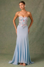 Embellished Corset Fishtail Gown in Floral Blue  Gemma Chic