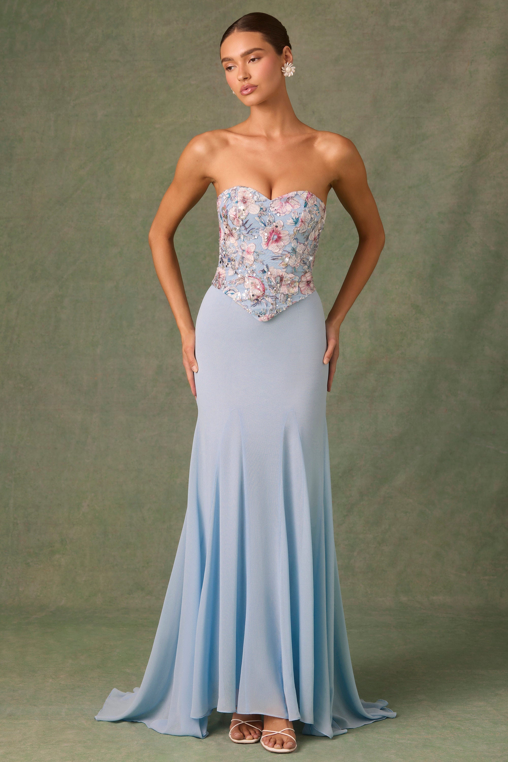 Embellished Corset Fishtail Gown in Floral Blue  Gemma Chic