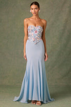 Embellished Corset Fishtail Gown in Floral Blue  Gemma Chic