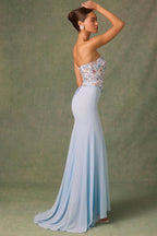 Embellished Corset Fishtail Gown in Floral Blue  Gemma Chic
