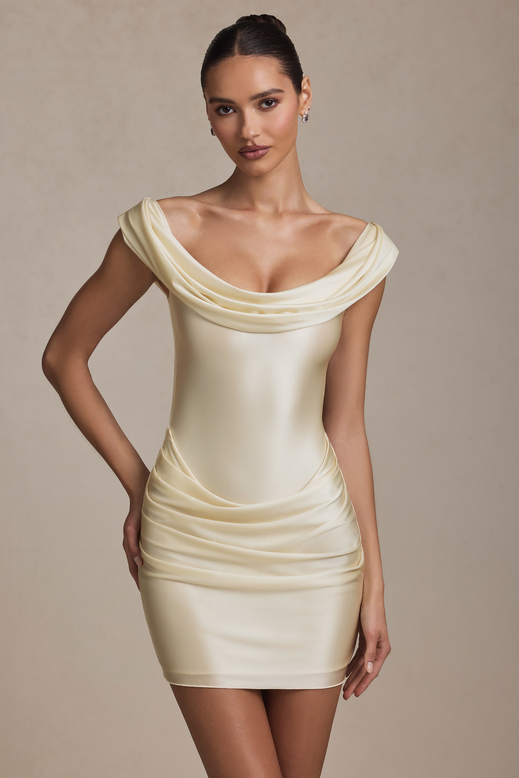 Off-Shoulder Draped Mini Dress in Ivory  Gemma Chic