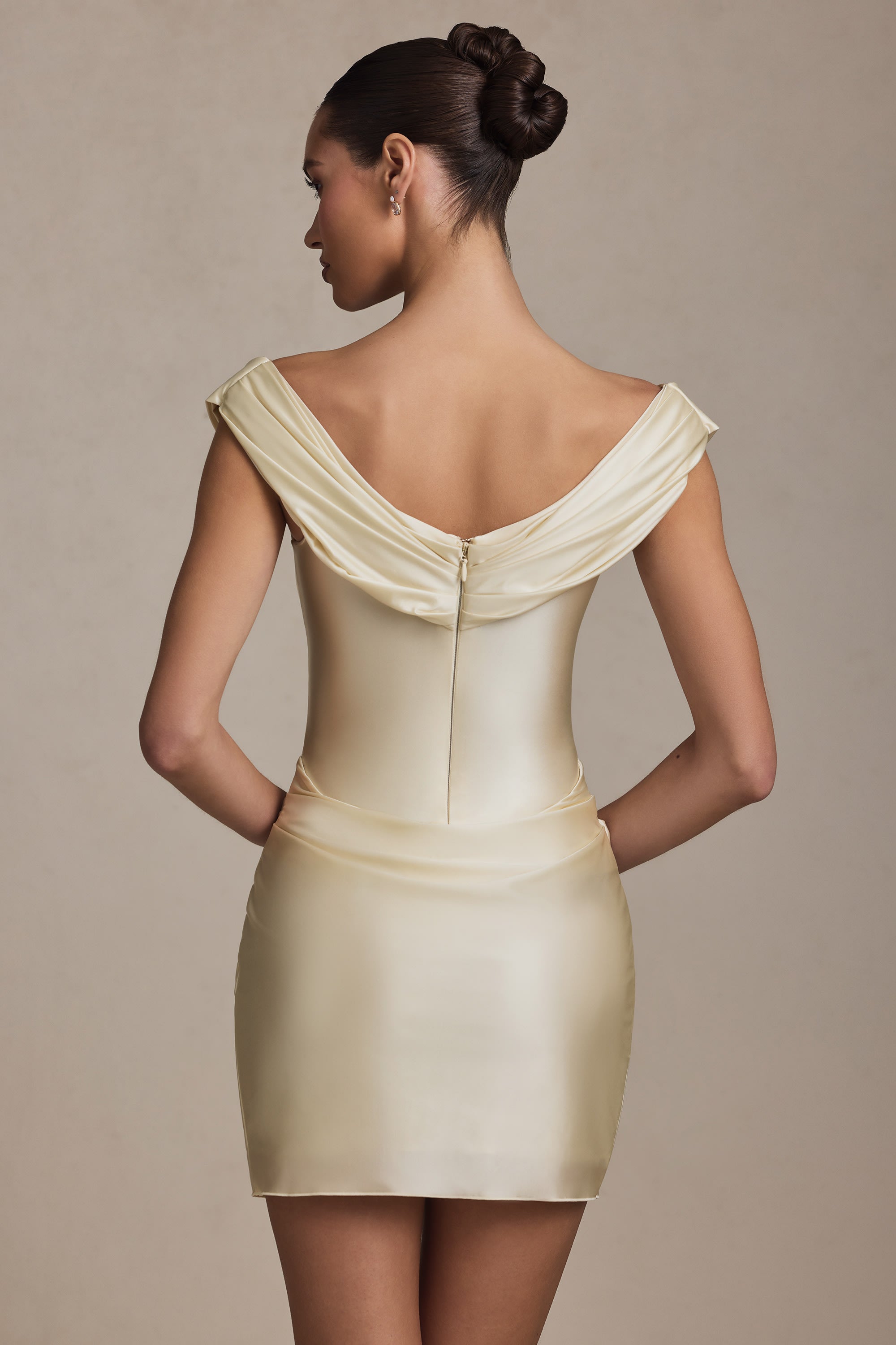 Off-Shoulder Draped Mini Dress in Ivory  Gemma Chic