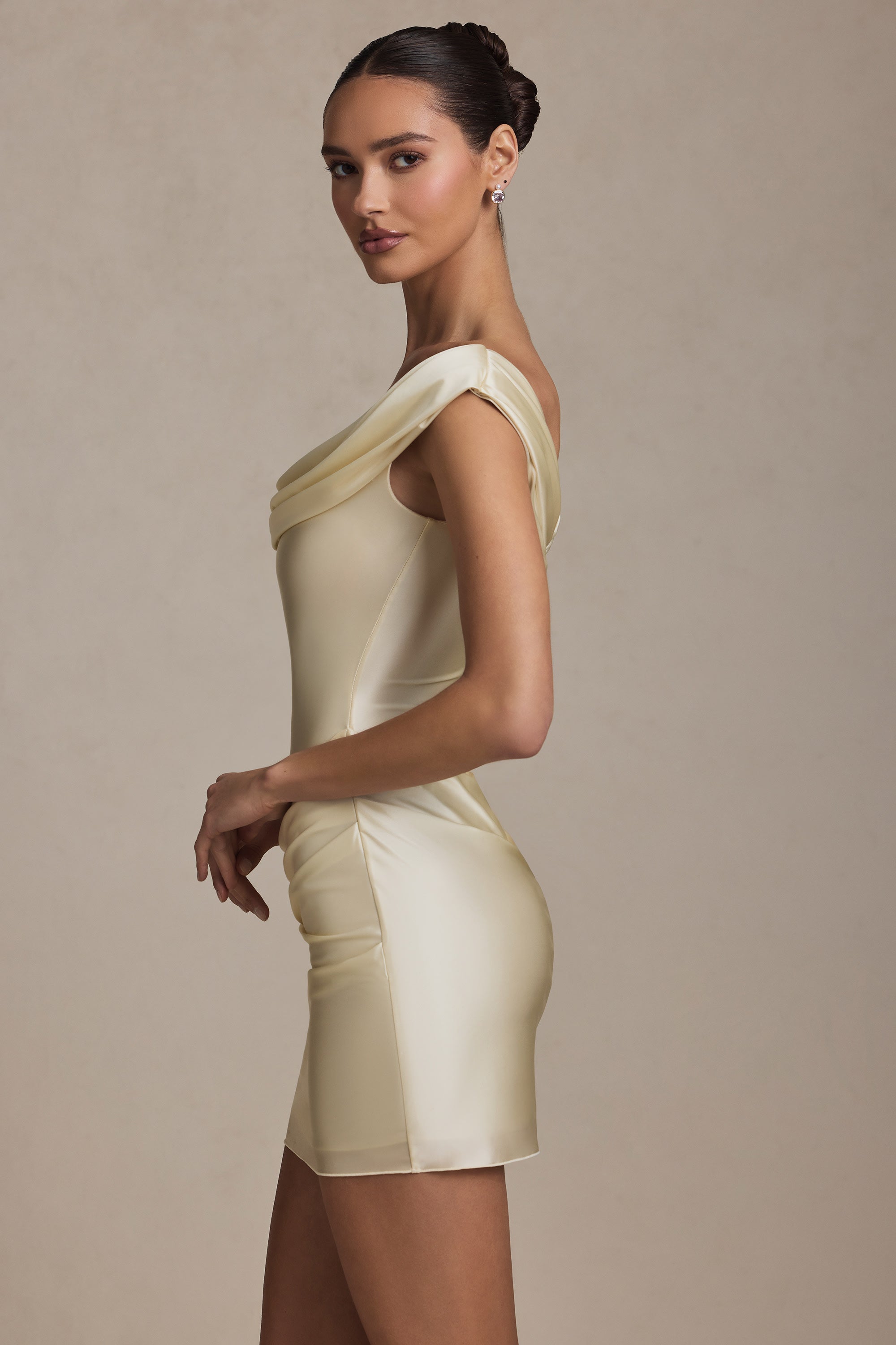 Off-Shoulder Draped Mini Dress in Ivory  Gemma Chic