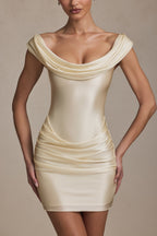 Off-Shoulder Draped Mini Dress in Ivory  Gemma Chic