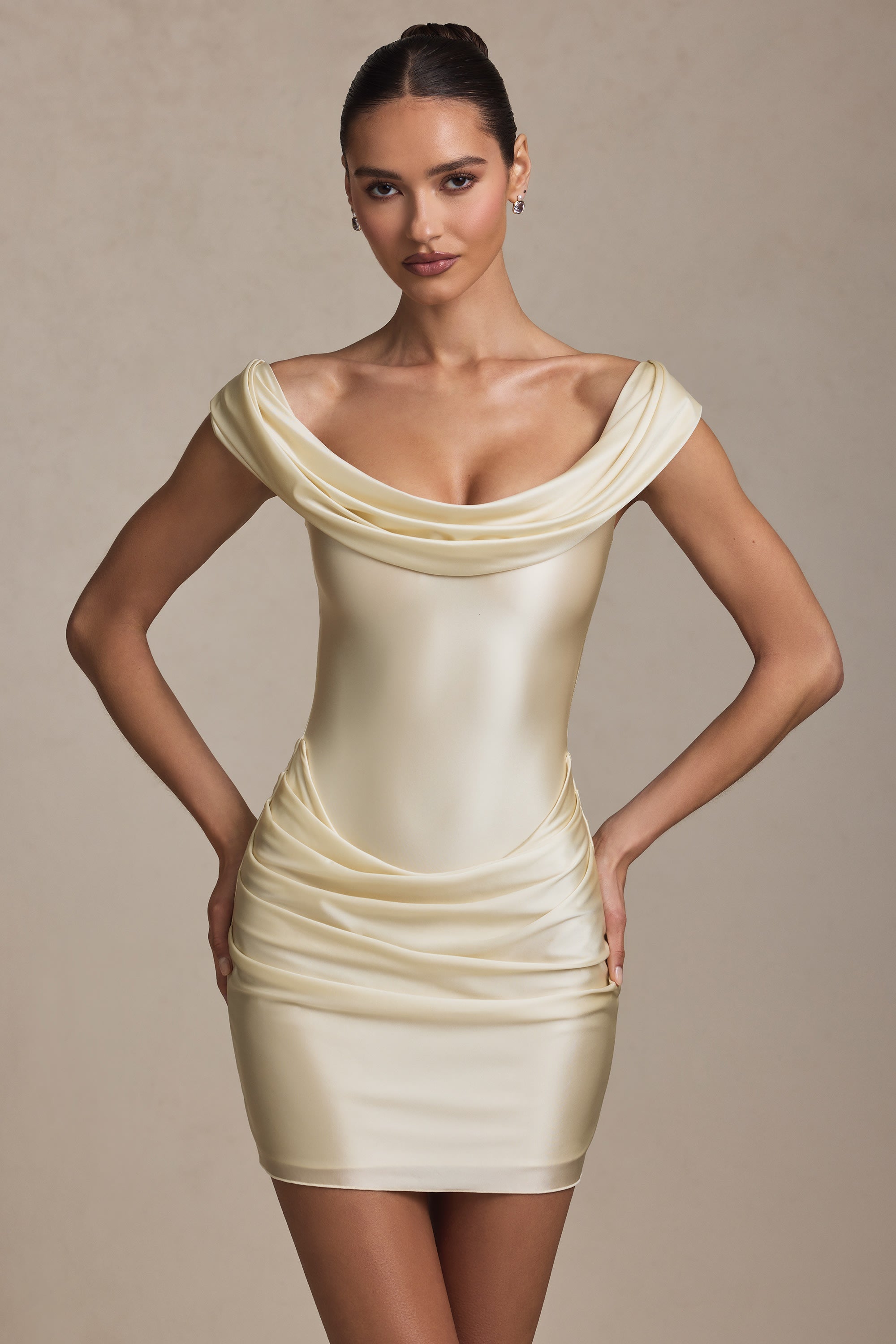 Off-Shoulder Draped Mini Dress in Ivory  Gemma Chic