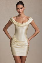 Off-Shoulder Draped Mini Dress in Ivory  Gemma Chic