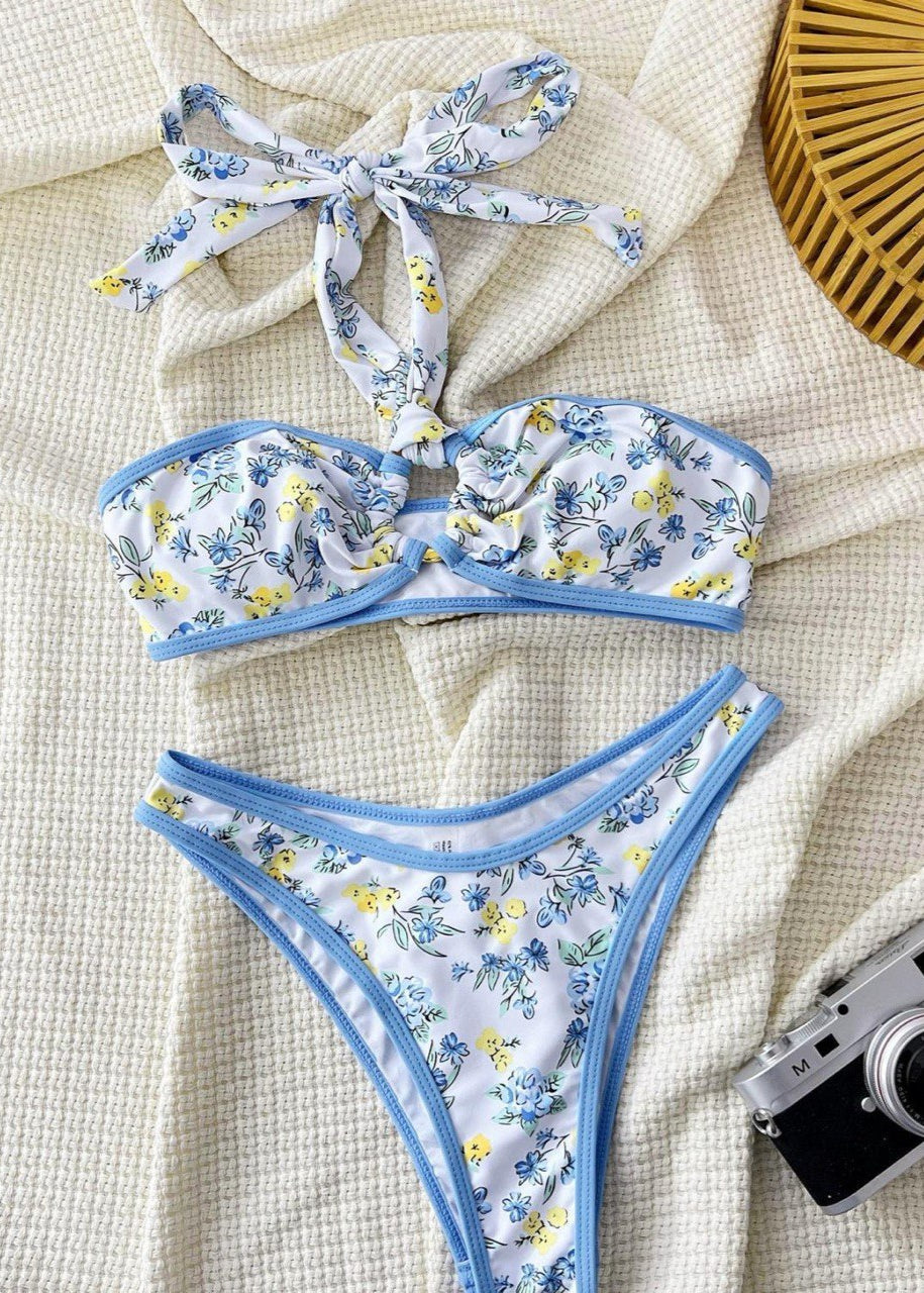 Blue Blossom Halter Bikini Set - Floral Strapless Swimwear with High-Waist Bottoms  GEMMACHIC