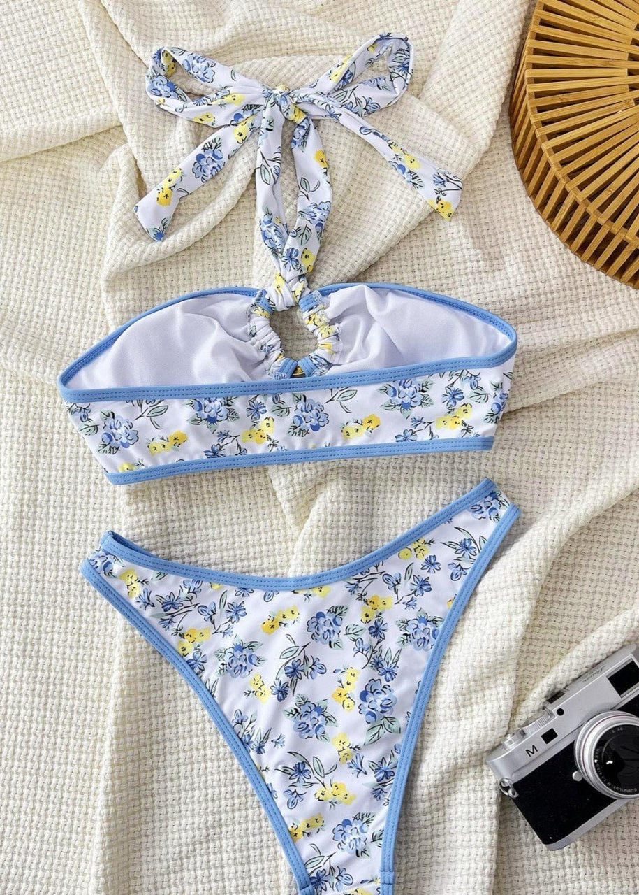 Blue Blossom Halter Bikini Set - Floral Strapless Swimwear with High-Waist Bottoms  GEMMACHIC