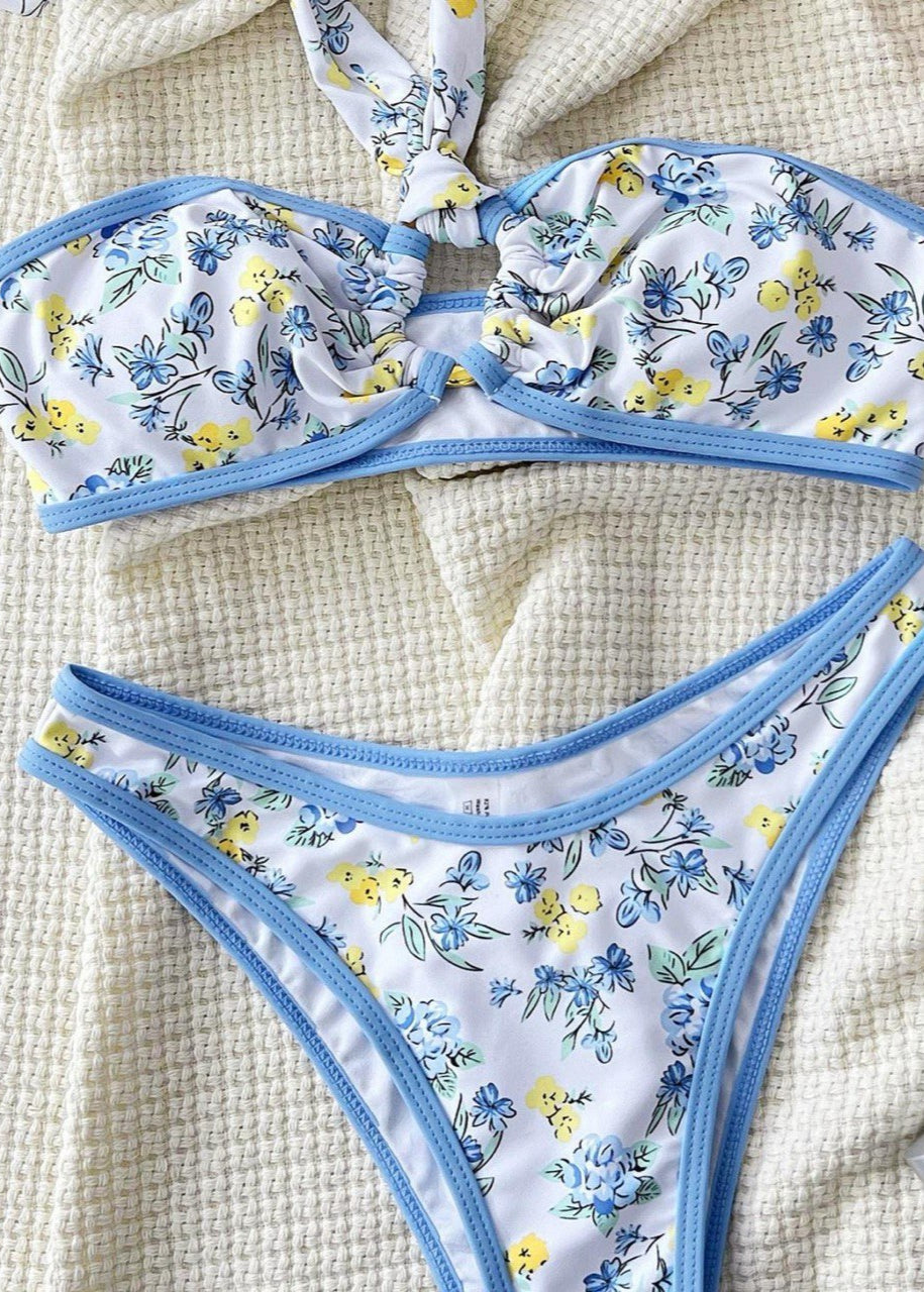 Blue Blossom Halter Bikini Set - Floral Strapless Swimwear with High-Waist Bottoms  GEMMACHIC