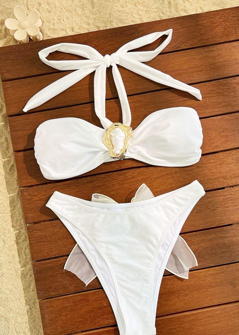 Riviera Glow - White Bandeau Bikini Set with Bow Detail  GEMMACHIC