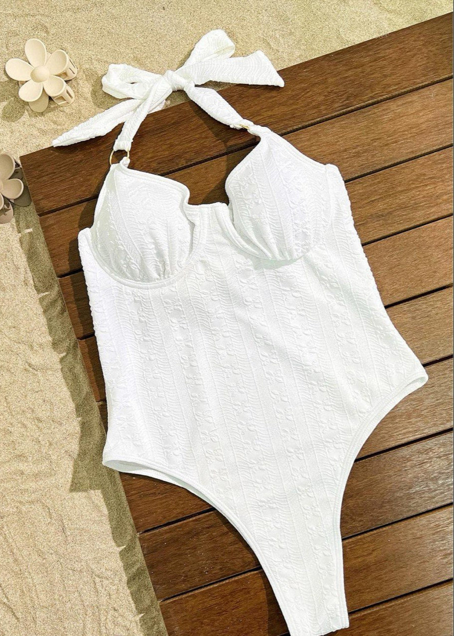 Colette - White Halter Push-Up One Piece Swimsuit  GEMMACHIC
