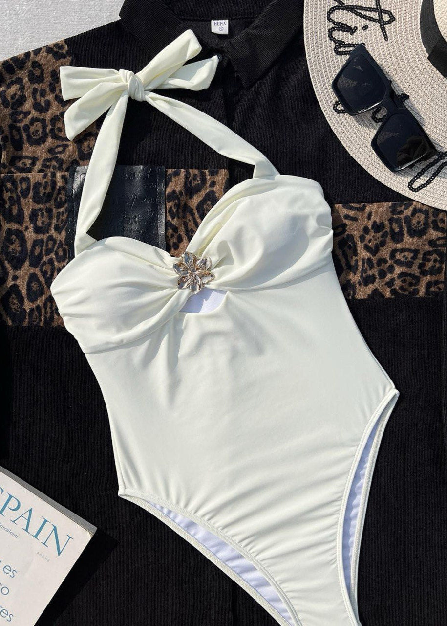 Solene Halter One-Piece Swimsuit with Floral Charm  GEMMACHIC