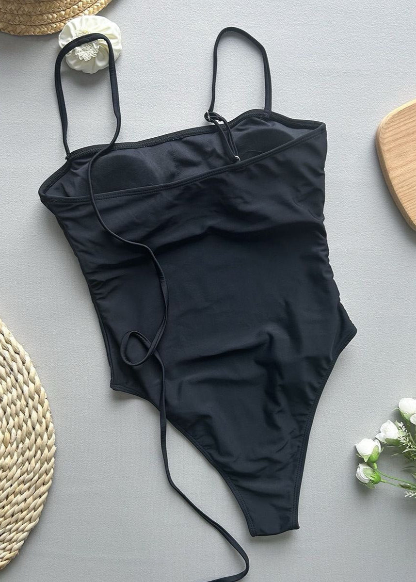 Noir Bloom One-Piece Swimsuit with 3D Floral Accents  GEMMACHIC