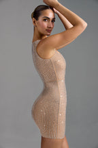 Embellished Square-Neck Mini Dress in Almond  Gemma Chic