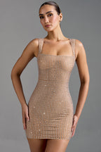 Embellished Square-Neck Mini Dress in Almond  Gemma Chic