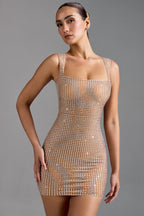 Embellished Square-Neck Mini Dress in Almond  Gemma Chic