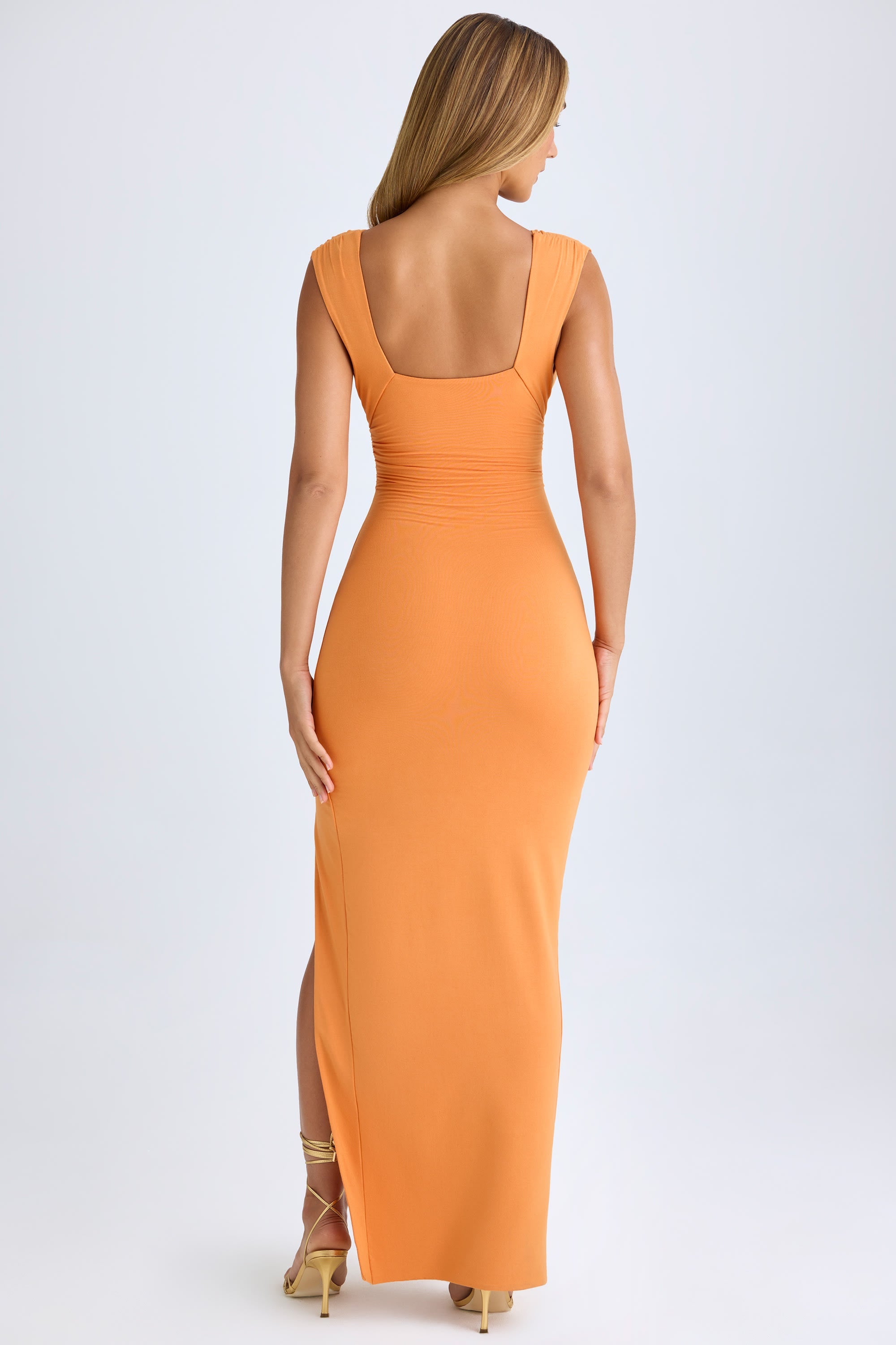 High Split Plunge Neck Maxi Dress in Sunset Orange
