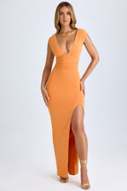 High Split Plunge Neck Maxi Dress in Sunset Orange