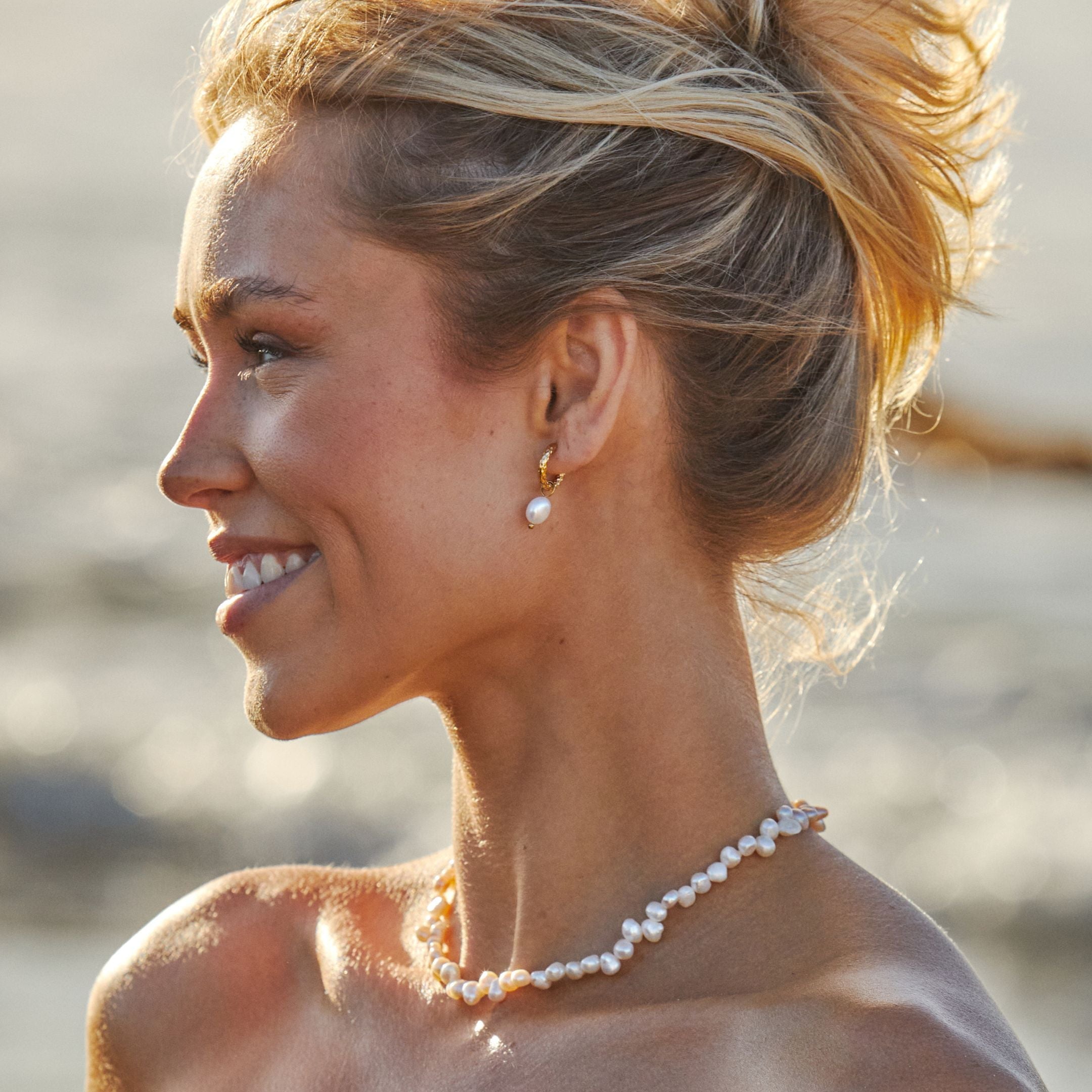 Hammered Pearl Hoop Earrings  GEMMACHIC