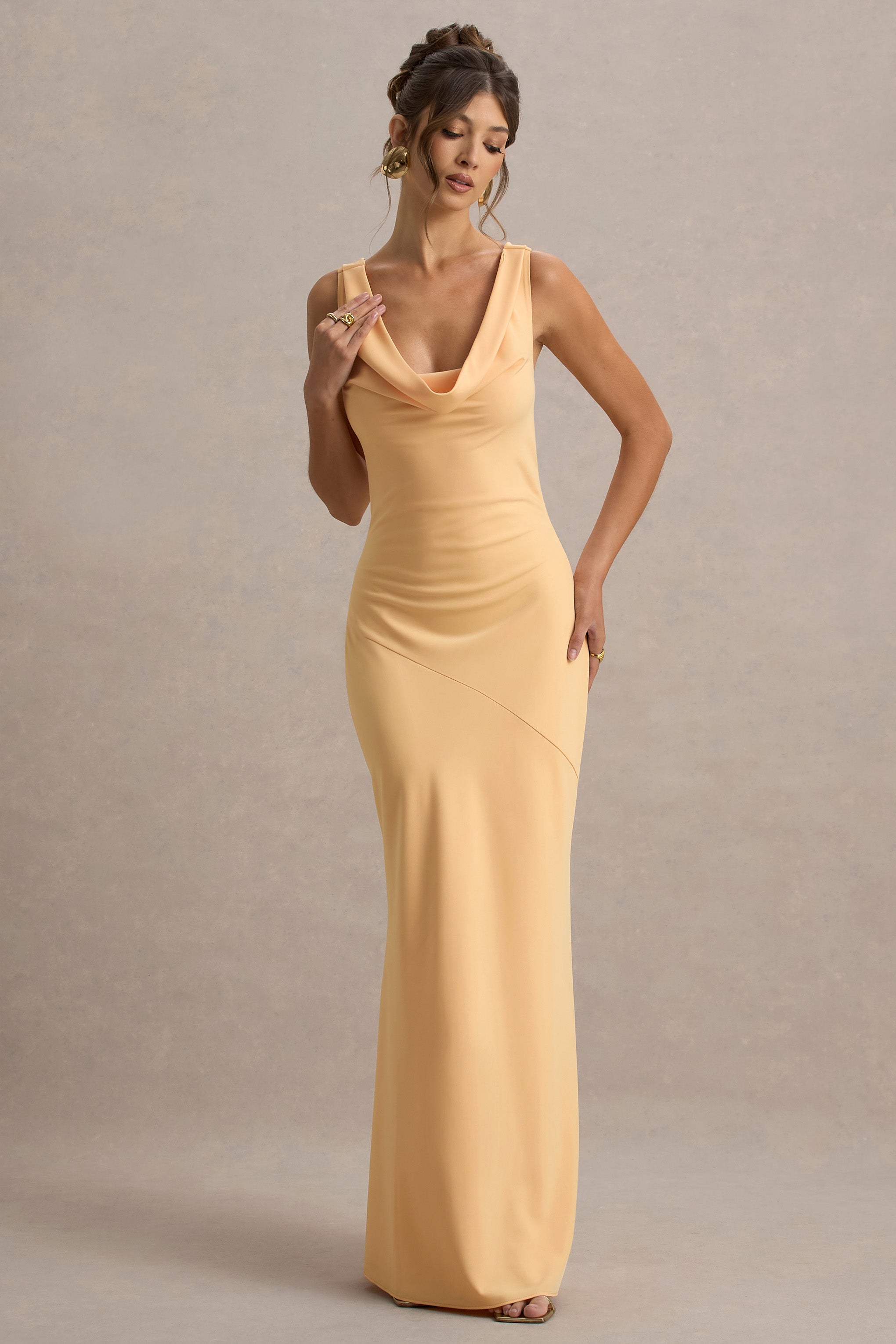 Alesso | Peach Satin Cowl-Neck Maxi Dress  Gemma Chic