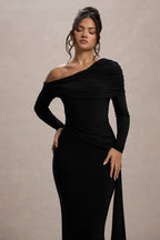 Valina | Black Ruched Asymmetric Maxi Dress With Drape  Gemma Chic