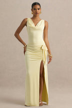 Pure Affection | Pale Lemon Cowl-Neck Maxi Dress With Ruched Detailing And Front High Split  Gemma Chic