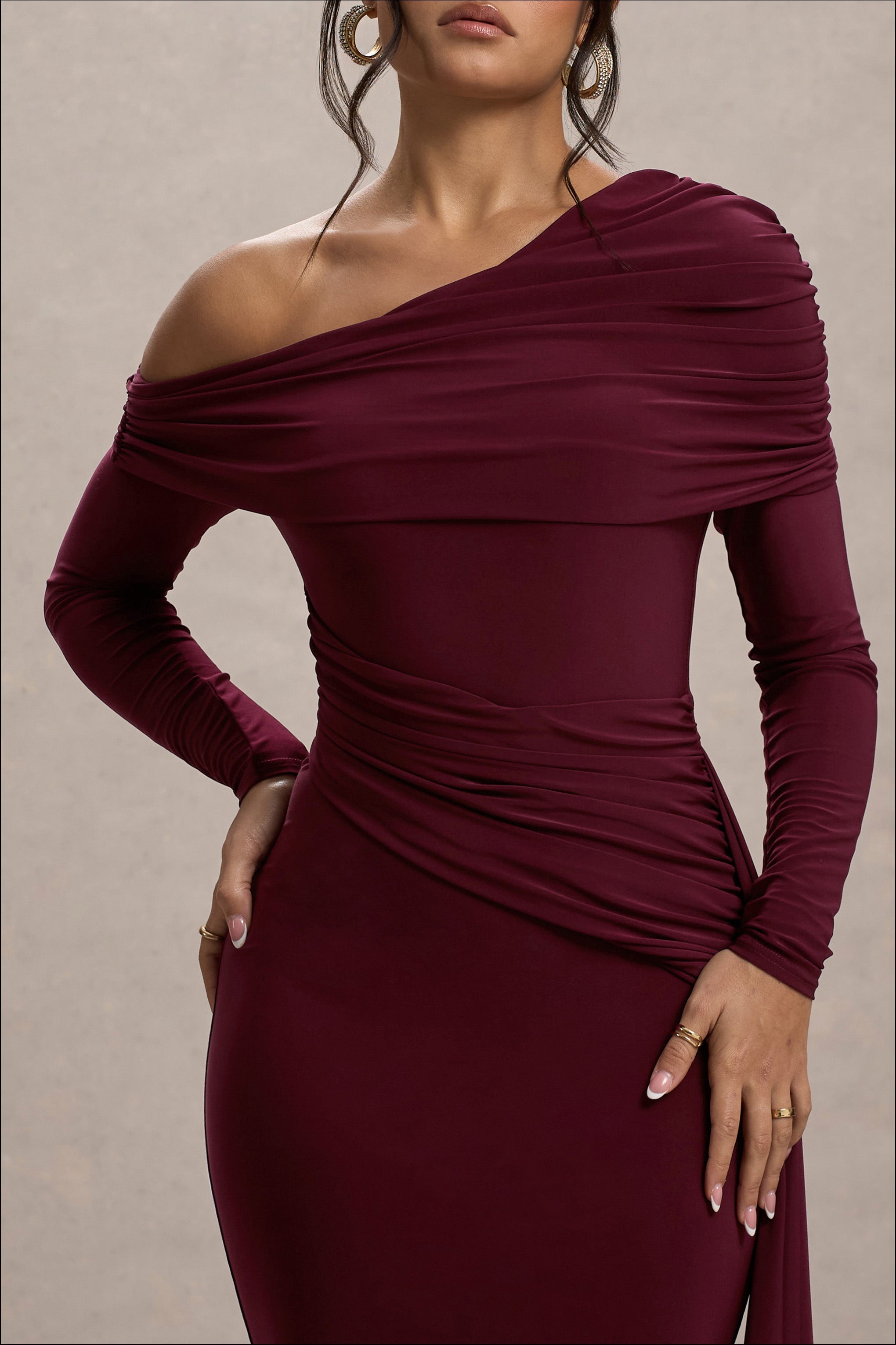 Valina | Burgundy Ruched Asymmetric Maxi Dress With Drape  Gemma Chic