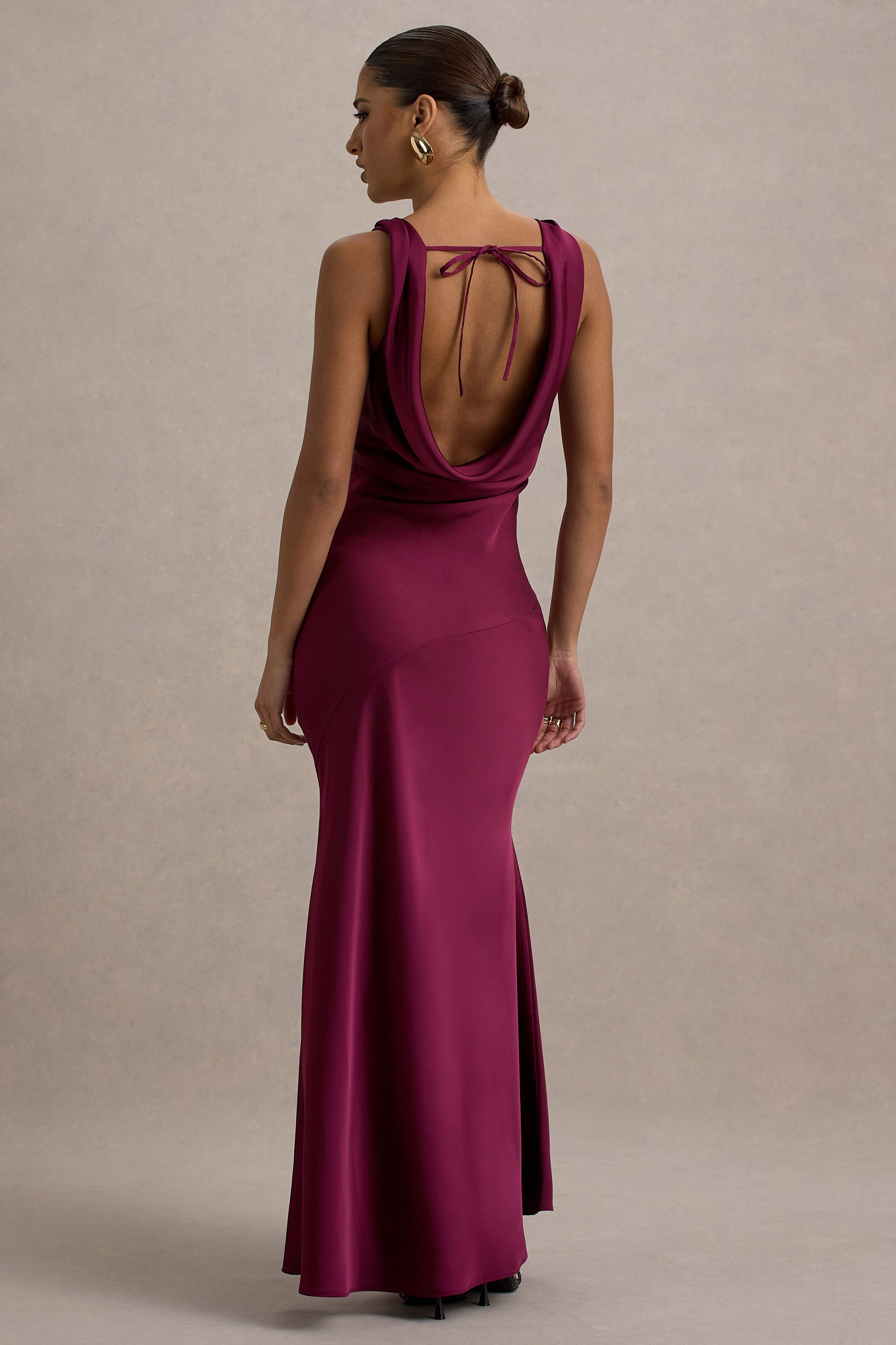 Alesso | Burgundy Satin Cowl-Neck Maxi Dress  Gemma Chic