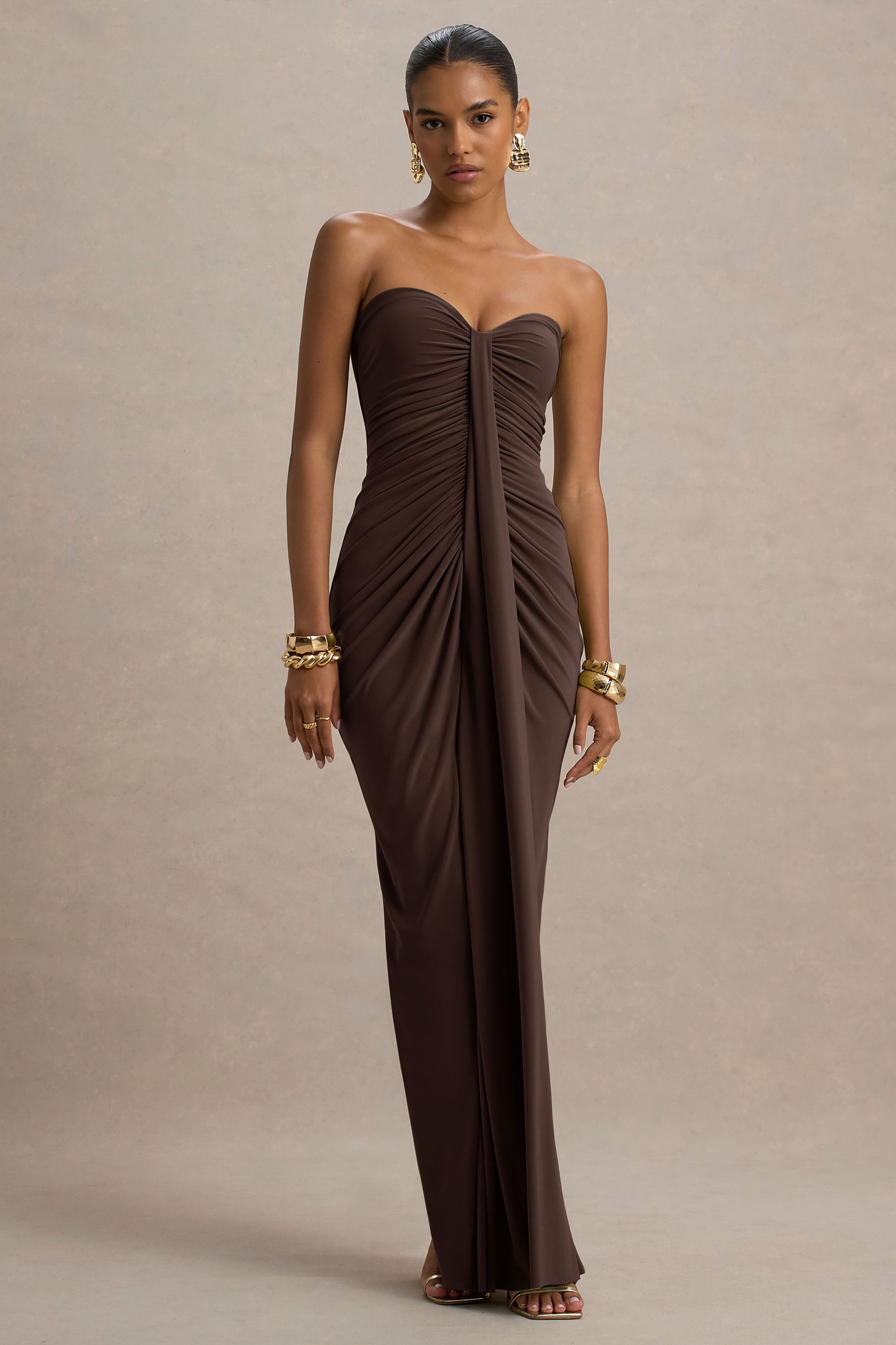 Ali | Brown Sweetheart Ruched Wrap Maxi Dress  Gemma Chic