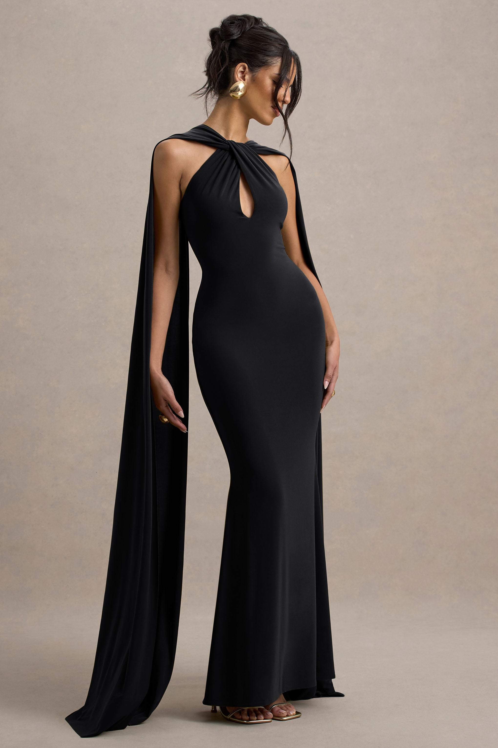 Rhoda | Black Twist Halter-Neck Cape Maxi Dress  Gemma Chic
