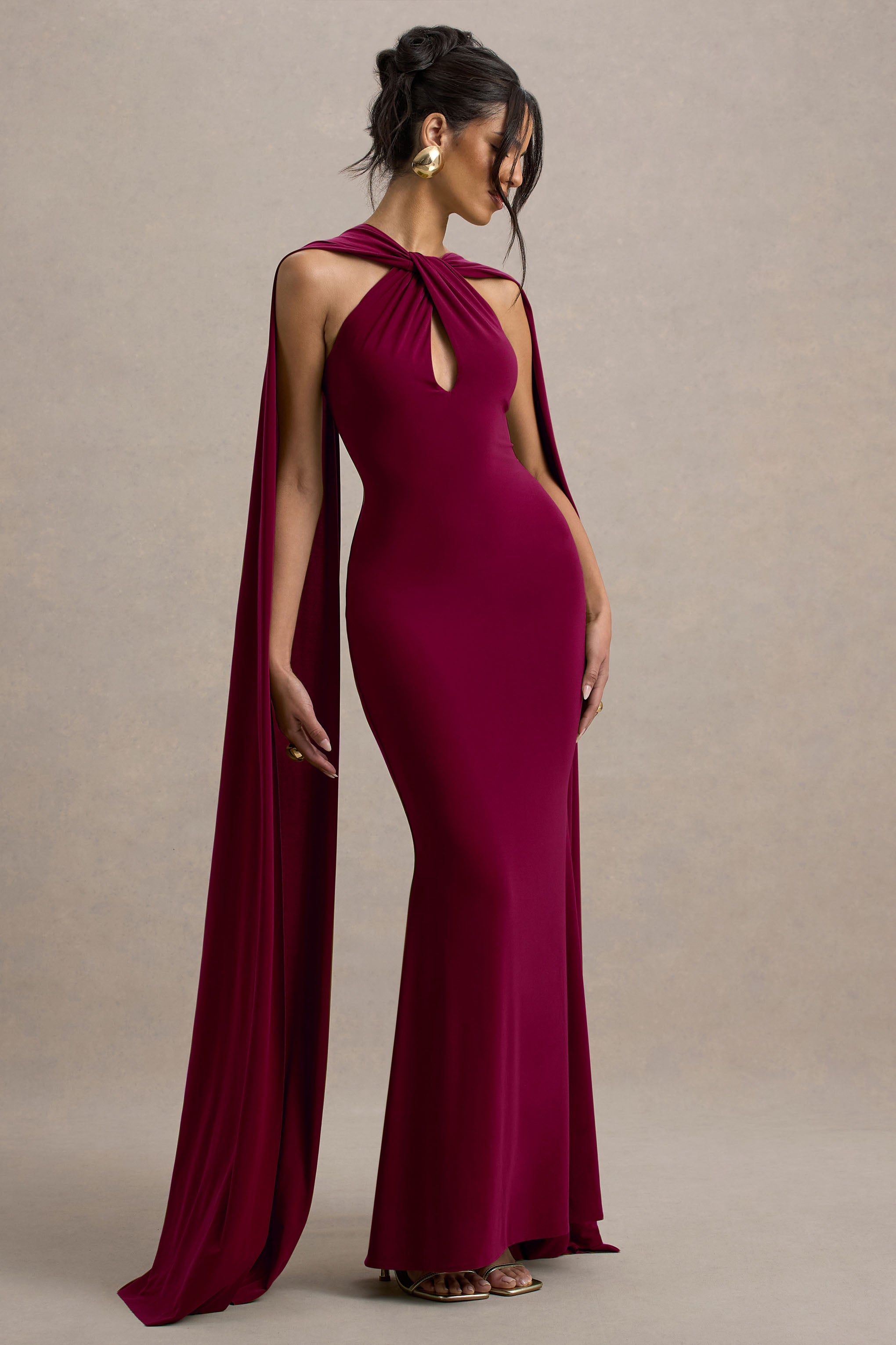 Rhoda | Burgundy Twist Halter-Neck Cape Maxi Dress  Gemma Chic