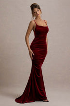 Adele | Berry Velvet Ruched Strappy Fishtail Maxi Dress  Gemma Chic