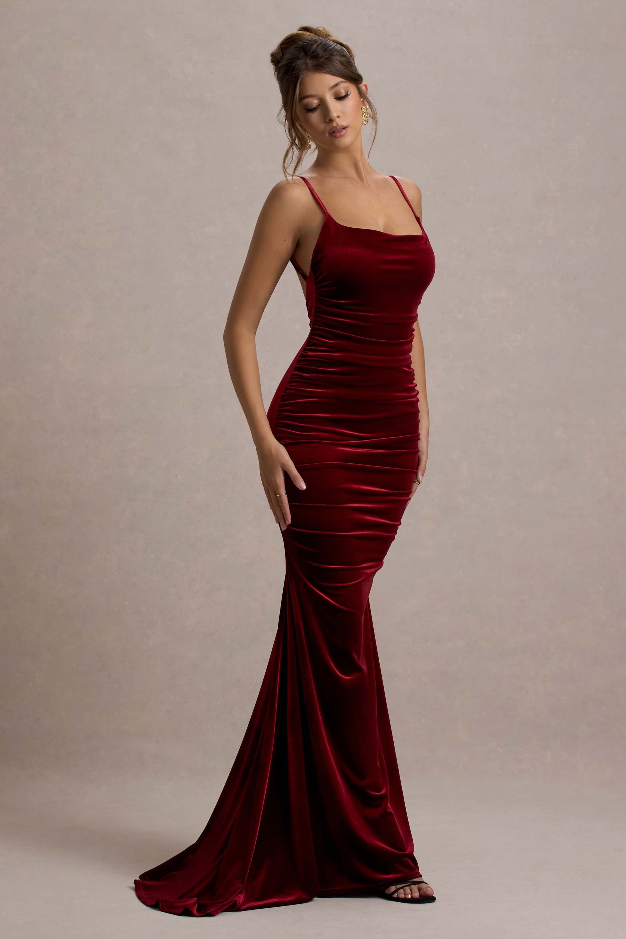 Adele | Berry Velvet Ruched Strappy Fishtail Maxi Dress  Gemma Chic