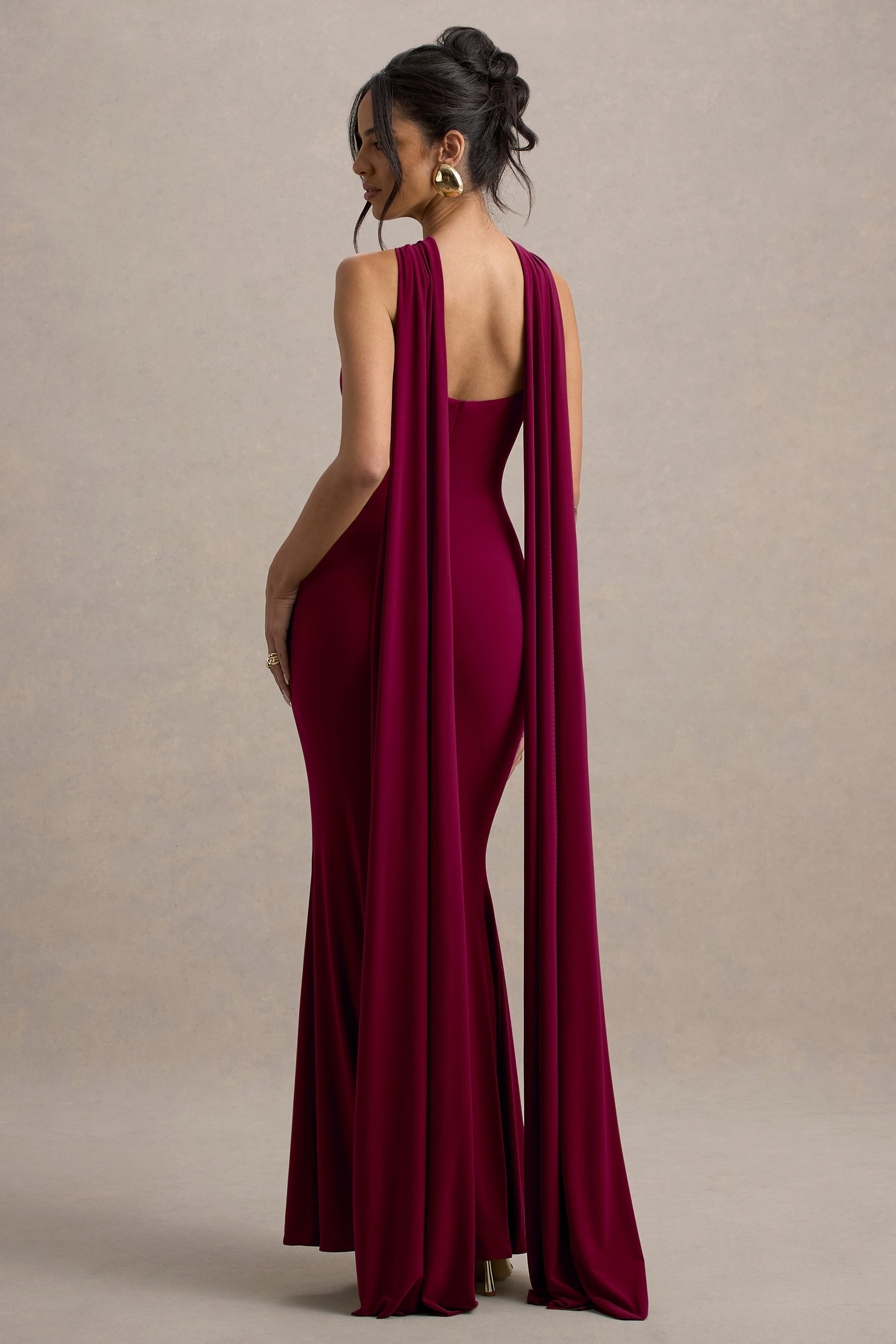 Rhoda | Burgundy Twist Halter-Neck Cape Maxi Dress  Gemma Chic