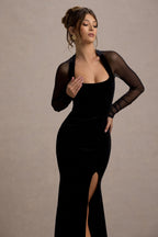 Apres | Black Velvet Bodycon Split Maxi Dress With Sheer Sleeves  Gemma Chic