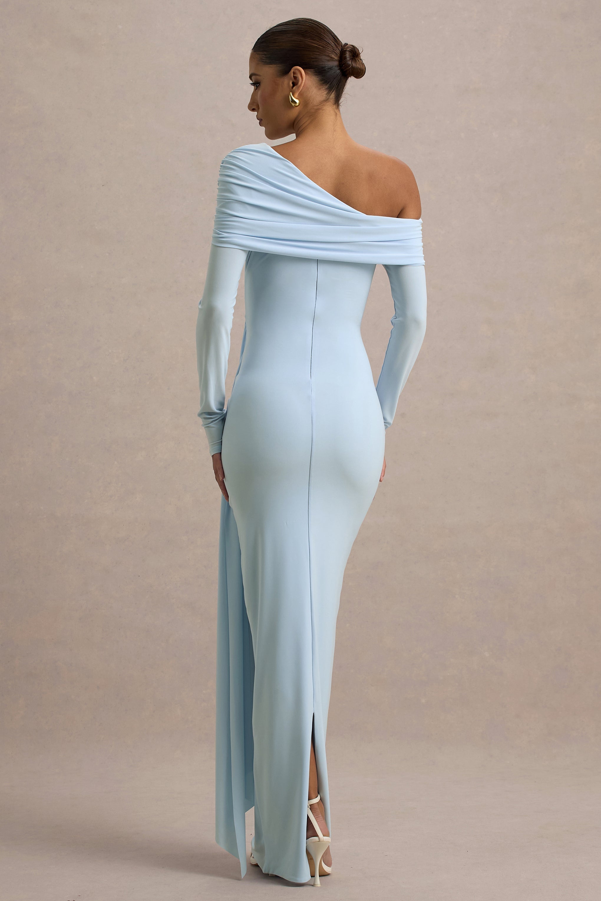 Valina | Powder Blue Ruched Asymmetric Maxi Dress With Drape  Gemma Chic