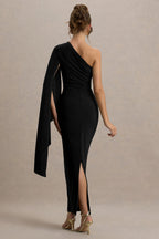 Clementina | Black Asymmetric Cape Sleeve Maxi Dress  Gemma Chic