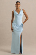 Pure Affection | Powder Blue Cowl-Neck Maxi Dress With Ruched Detailing And Front High Split  Gemma Chic