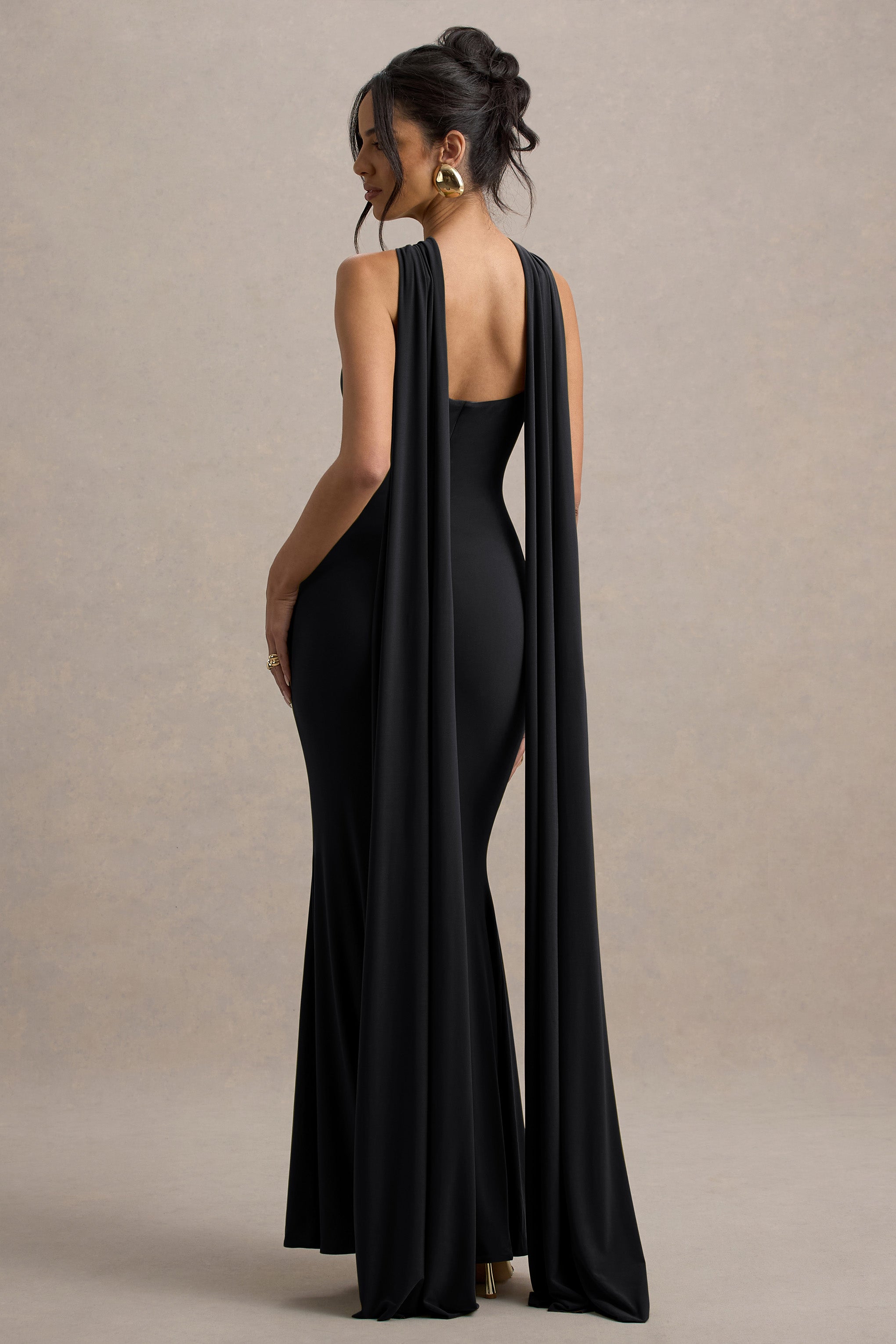 Rhoda | Black Twist Halter-Neck Cape Maxi Dress  Gemma Chic