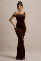 Neeka | Brown Velvet Twisted Asymmetric Maxi Dress  Gemma Chic