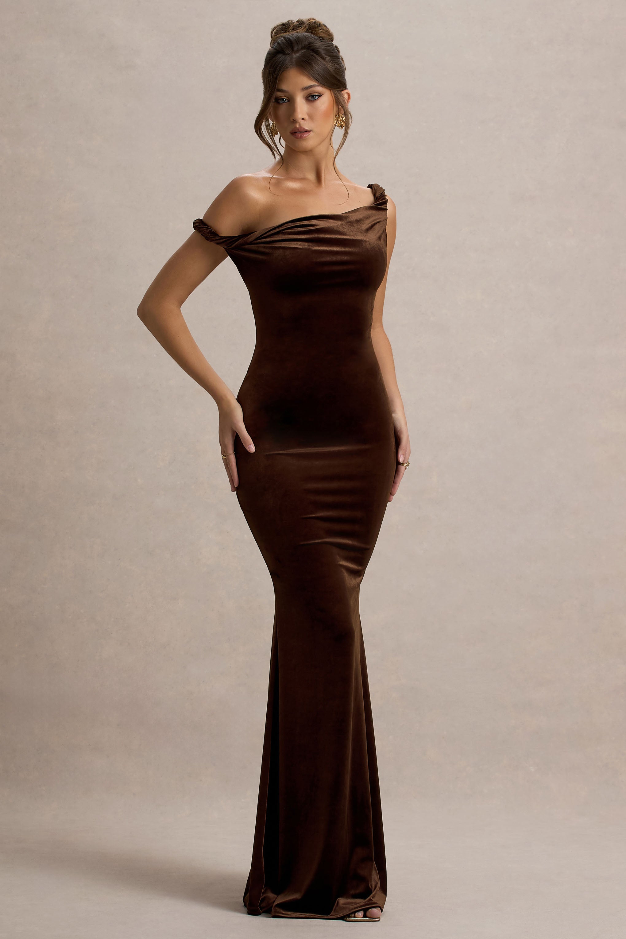 Neeka | Brown Velvet Twisted Asymmetric Maxi Dress  Gemma Chic