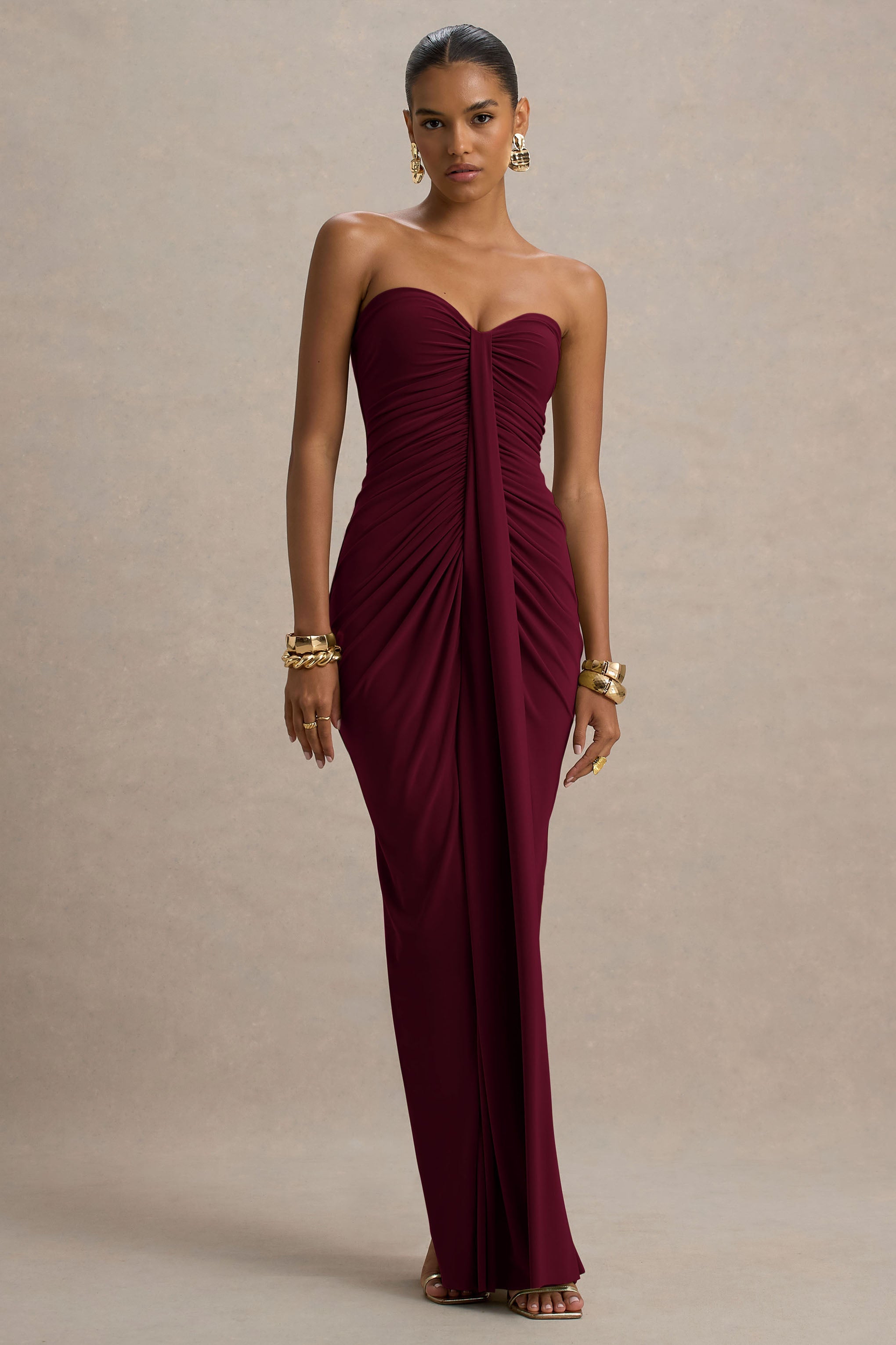 Ali | Burgundy Sweetheart Ruched Wrap Maxi Dress  Gemma Chic