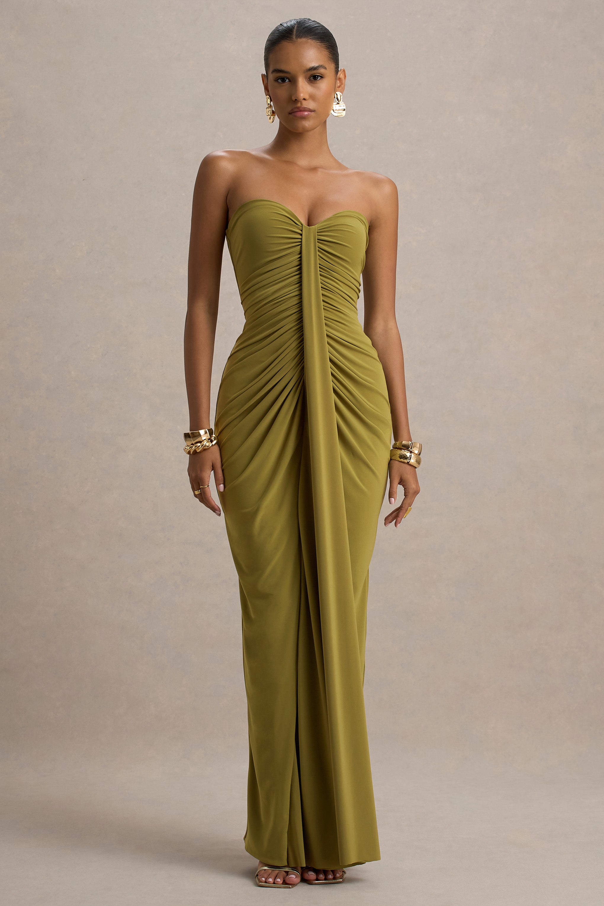 Ali | Olive Sweetheart Ruched Wrap Maxi Dress  Gemma Chic