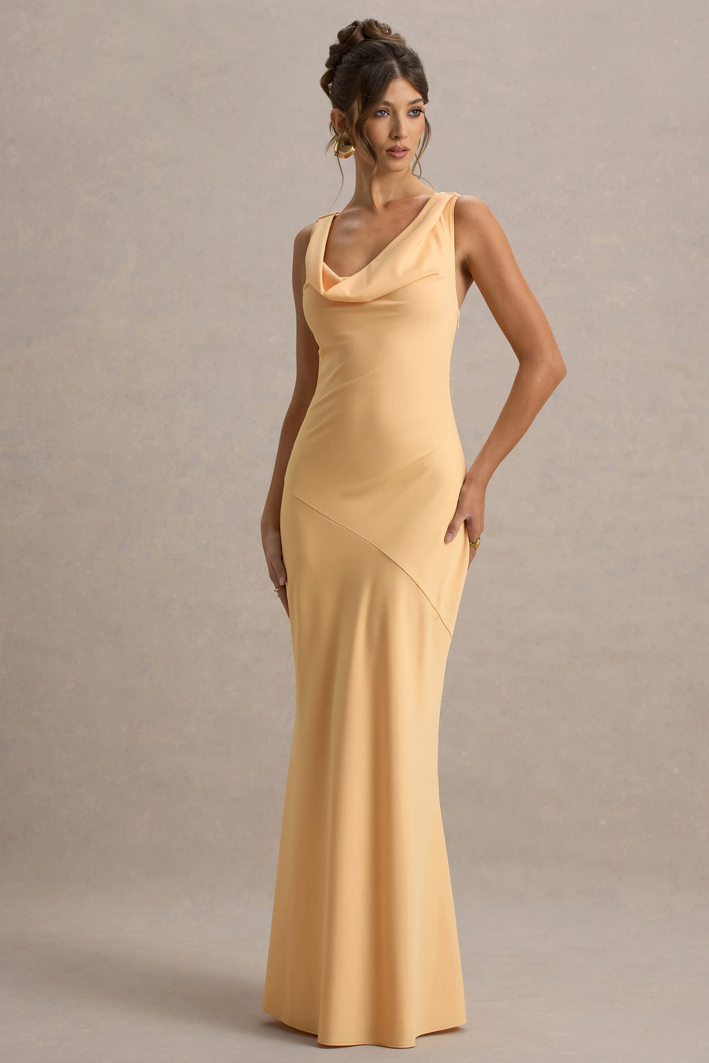 Alesso | Peach Satin Cowl-Neck Maxi Dress  Gemma Chic