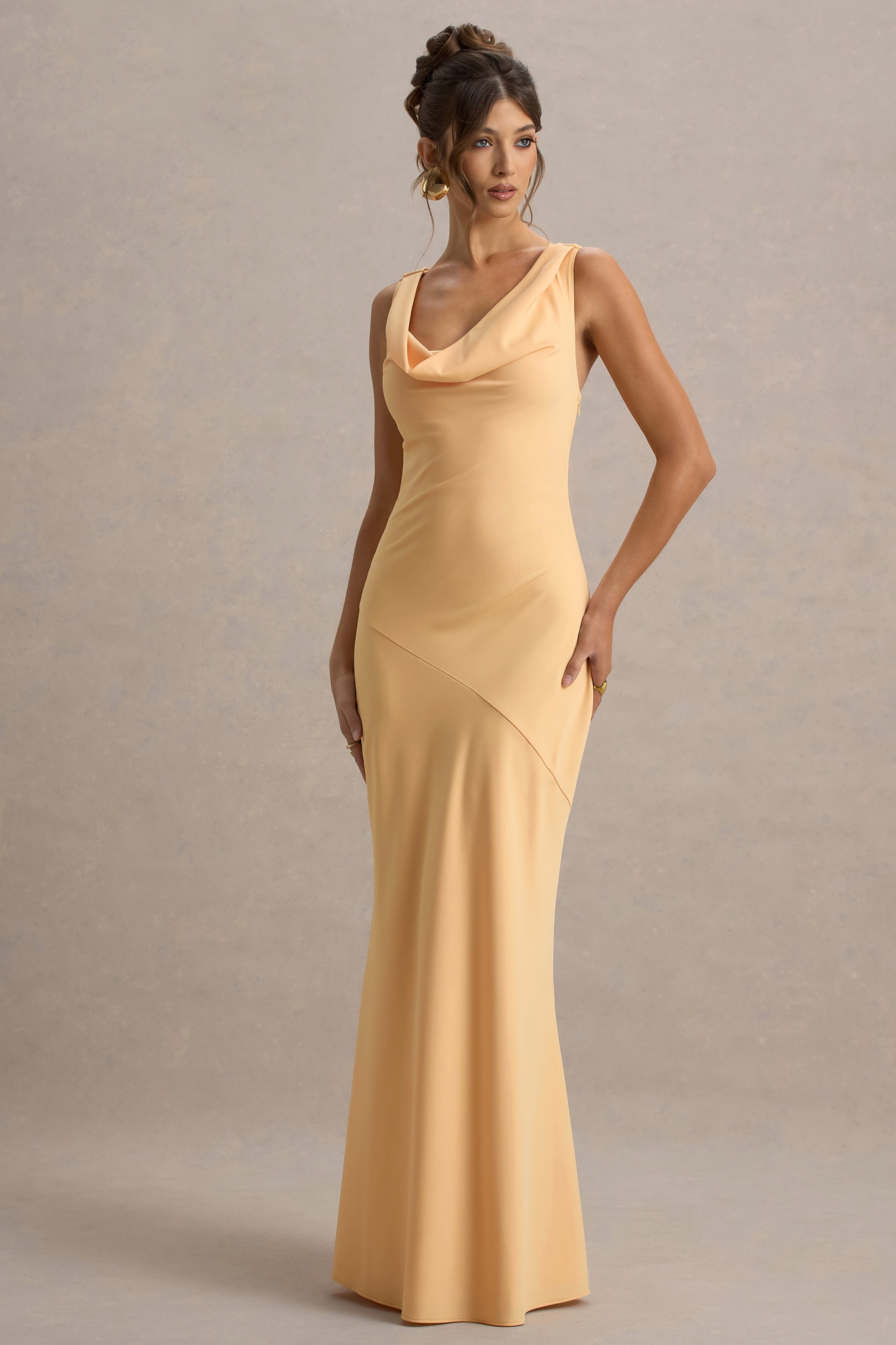 Alesso | Peach Satin Cowl-Neck Maxi Dress  Gemma Chic